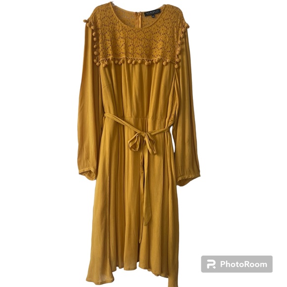 Eloquii Mustard Yellow Lace  Pom Fit & Flare Belted Tie Dress - Picture 5 of 12